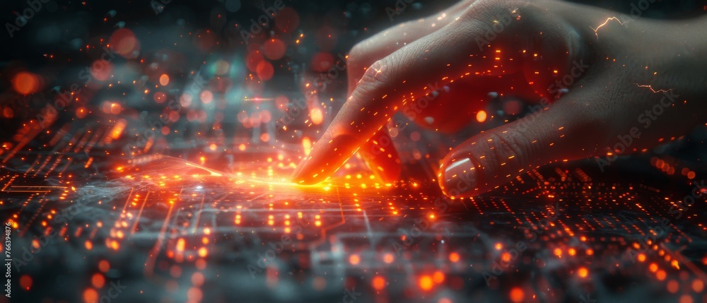 Leinwandbilder Innovate and create concept with a female hand pointing at abstract glowing cubes on blurred circuit background. Double exposure.