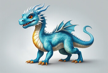 Cute ice blue little dragon with shining eyes colorful background