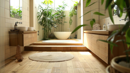 An eco-friendly bathroom with sustainable materials, such as bamboo flooring and low-flow fixtures