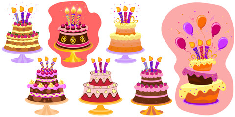 Set of cartoon birthday cakes with burning candles, vector.
