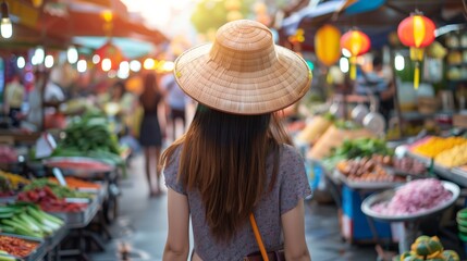 Young Asian woman wearing a traditional conical hat exploring a vibrant street market with colorful...