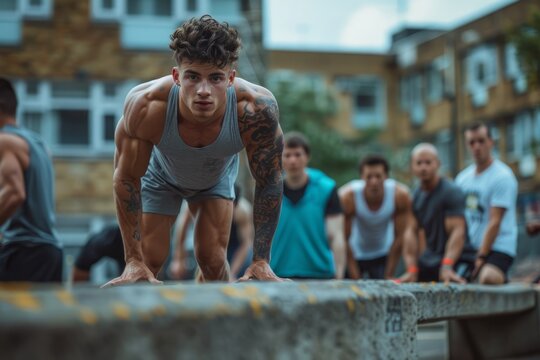 Professional Photography of a Personal Trainer Demonstrating Outdoor Circuit Training Exercises in an Urban Setting, Generative AI