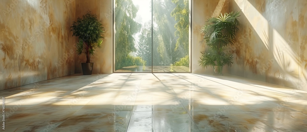 Fototapete 3D rendering of an empty room with sun light casting a shadow on the wall. Perspective of minimal design architecture.