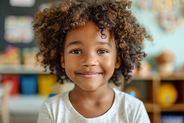 African American girl in kindergarten, cheerful preschooler in classroom, early childhood education.
