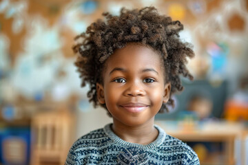 African American child in kindergarten, smiling preschooler, joyful learning environment,...