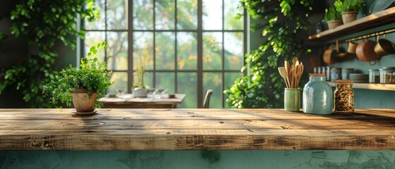 3D illustration of a green kitchen interior with island. Stylish kitchen with wooden worktops. Cozy olive kitchen with utensils and appliances. Close-up of a dining table in the background.