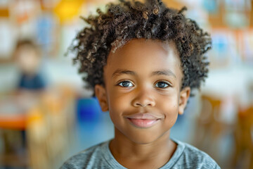 African American boy in kindergarten, joyful classroom activities, preschool learning, happy child