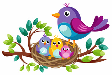 Colorful nice bird sitting in her nest with purple vector illustration