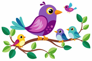 Colorful nice bird sitting in her nest with purple vector illustration