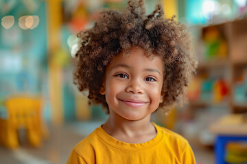 Kindergarten student, African American boy in playful classroom, early childhood education,...