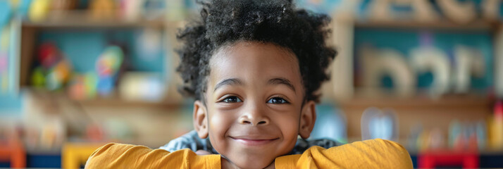 Smiling African American child in kindergarten, playful classroom activities, preschool...