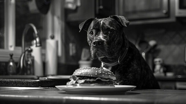 photo of a dog mesmerized by its owner eating a Bacon on a hamburger in a clean and modern kitchen