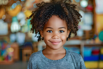 Kindergarten student, black girl in classroom, happy childhood learning.