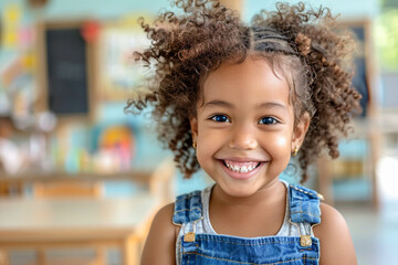Preschooler in kindergarten, African American girl in classroom, smiling child.
