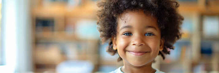 Boy in kindergarten class, African American student, cheerful pupil, early education,banner - obrazy, fototapety, plakaty