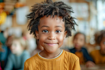African American kid in kindergarten, happy student in classroom, preschool learning, playful...