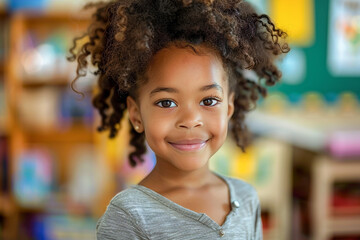 Kindergarten student, black girl in classroom, cheerful preschool experience.
