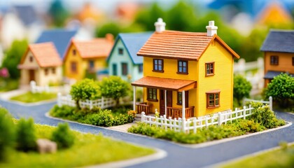photo of miniature scene small model little house village near wood forest , generative AI