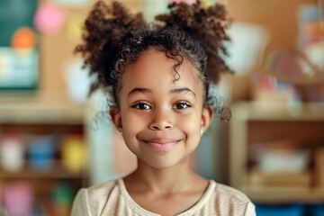 African American girl in school, joyful kindergarten student, playful learning atmosphere.