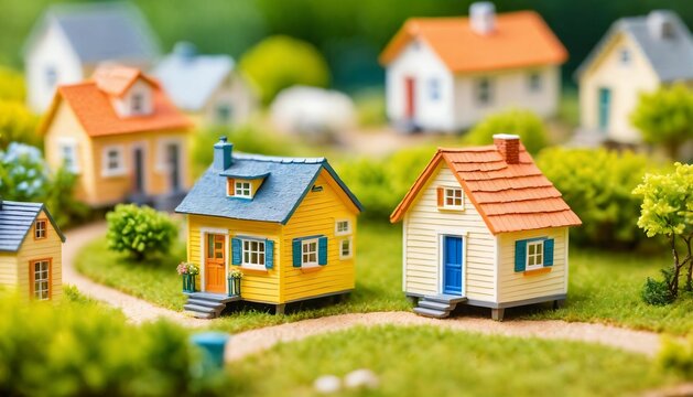 photo of miniature scene small model little house village near wood forest , generative AI