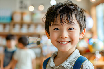 Asian child in kindergarten, joyous boy experiencing early childhood education, playful environment.