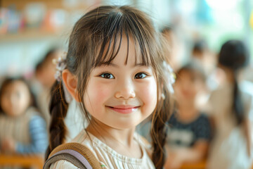 Asian girl in kindergarten, smiling schoolgirl in the classroom, preschool education, cheerful...