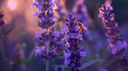 Purple garden flower and bees macro photography