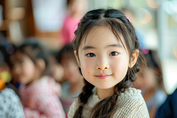 Asian girl in kindergarten, young student in elementary school, joyful classroom experience.