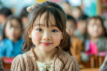 Asian girl in kindergarten, cheerful preschooler in the classroom, educational fun