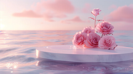 Podium background flower rose product pink 3d spring table beauty stand display nature white. Garden rose floral summer background podium cosmetic valentine easter field scene gift purple day romantic