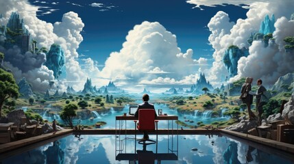 Mesmerizing Dreamscape Reflecting Floating Islands and Cloudscapes - obrazy, fototapety, plakaty