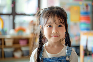 Asian girl in kindergarten, smiling student in elementary school, happy classroom moment.