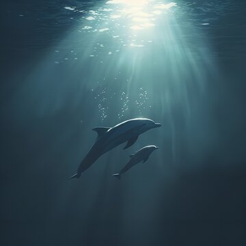 Two dolphins elegantly swimming beneath the ocean's surface as sunlight softly penetrates from above.