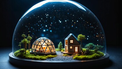 photo of miniature scene small model little house at outer space world in dome glass, generative AI