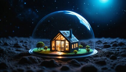 photo of miniature scene small model little house at outer space world in dome glass, generative AI
