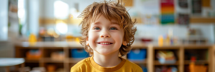 Boy in kindergarten, happy child in preschool classroom, learning and playing,banner