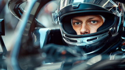 Close up of race car driver in helmet on the race track