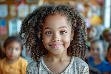 African American child in early education, happy girl in kindergarten, playful learning environment.