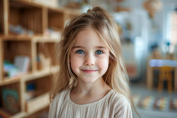 Preschool girl, cheerful student, classroom joy, childhood laughter.