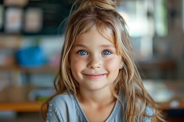 Kindergarten girl, joyful kid in school setting, enjoying learning and fun activities.