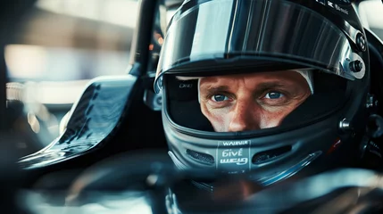 Fotobehang Close up of race car driver in helmet on the race track © digitalpochi