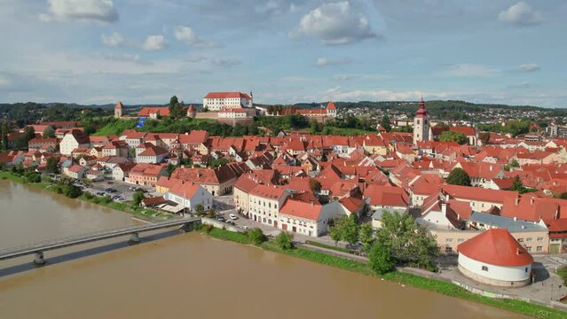 Aerial view of the Ptuj old town in summer, Slovenia