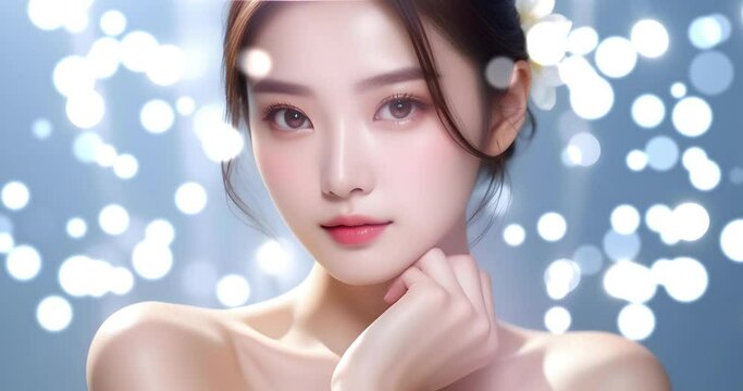 Beautiful and cute Asian girl model's glowing clear and moisturized skin, skin care, freshness and beauty images. Particle animation background with sparkling bokeh..美しい女性の美容イメージ。