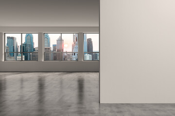 Downtown Philadelphia City Skyline Buildings from High Rise Window. Beautiful Expensive Real Estate overlooking. Empty room Interior. Mockup wall. Skyscrapers Cityscape. Sunset. Penn. 3d rendering. © VideoFlow