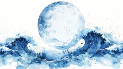 Abstract watercolor illustration of a wave and moon in blue tones, suitable for backgrounds or themes related to tranquility, nature, and ocean concepts