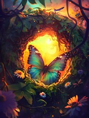 Magical Butterfly Transformation in a Vibrant Glowing Cocoon at Sunrise