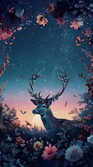 Mystical Deer Druid Amidst Floral Circle Under Starry Twilight Sky