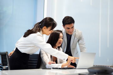 Business meeting -  Group of friends meeting at home. Diverse business people asian woman and caucasian man discussion in corporate meeting at conference room