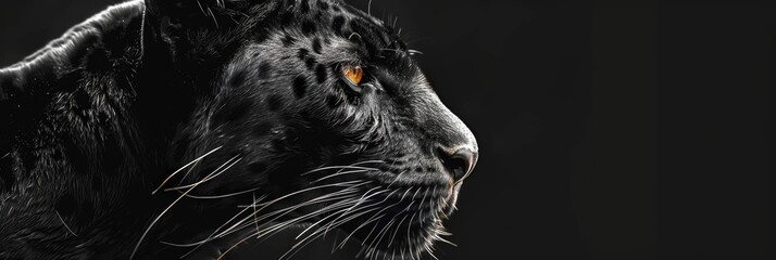 Black Panther on Dark Background. Template of Fierce Cat with Stunning Head Closeup for Mammal, Predator, and Leopard Themes