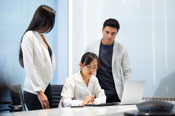 Business meeting -  Group of friends meeting at home. Diverse business people asian woman and caucasian man discussion in corporate meeting at conference room